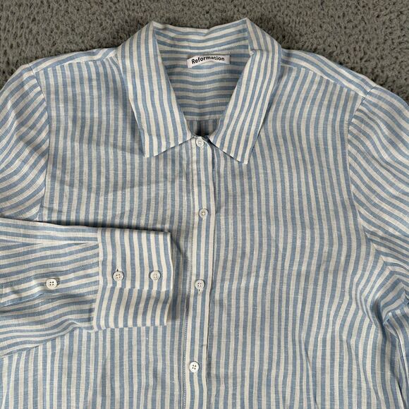 Reformation Womens Shirt Large 100% Linen Striped Button Down Front‎ Tie - Picture 1 of 10